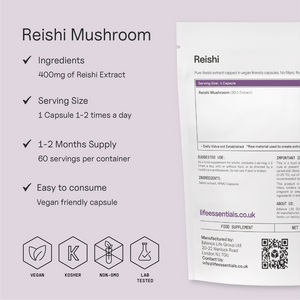 Life Essentials Reishi Mushroom product features — vegan, no fillers, made in the UK