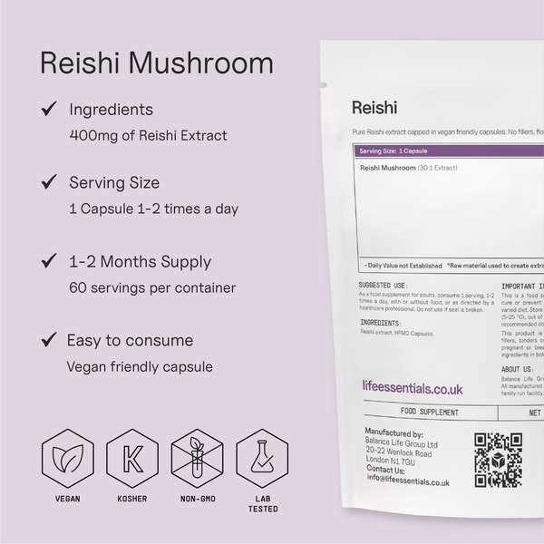 Life Essentials Reishi Mushroom product features — vegan, no fillers, made in the UK