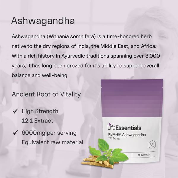 Life Essentials KSM-66 Ashwagandha capsule contents — HPMC capsule shell, pure active ingredients, vegan friendly, no fillers or flow agents