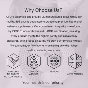 Life Essentials supplement quality credentials — ISO accreditation, HACCP certification, manufactured in family-run UK facility
