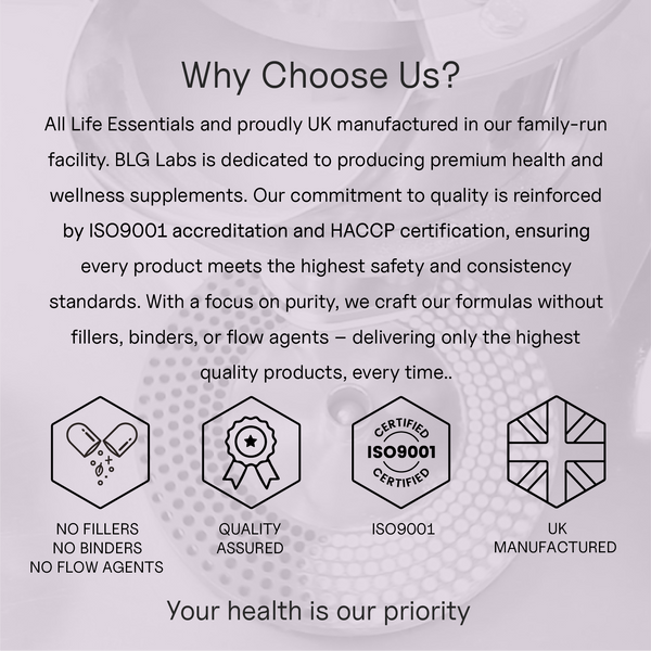 Life Essentials supplement quality credentials — ISO accreditation, HACCP certification, manufactured in family-run UK facility