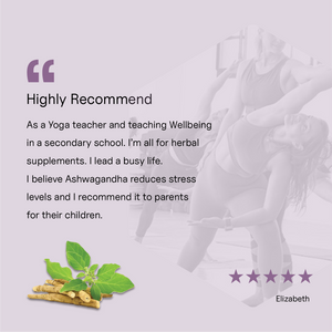 Five star customer review for Life Essentials KSM-66 Ashwagandha from Elizabeth, a yoga teacher and school wellbeing teacher, recommending it for stress reduction