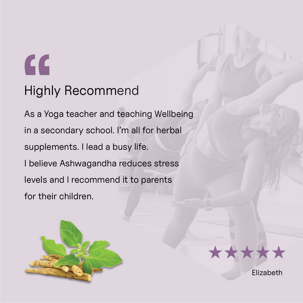 Five star customer review for Life Essentials KSM-66 Ashwagandha from Elizabeth, a yoga teacher and school wellbeing teacher, recommending it for stress reduction